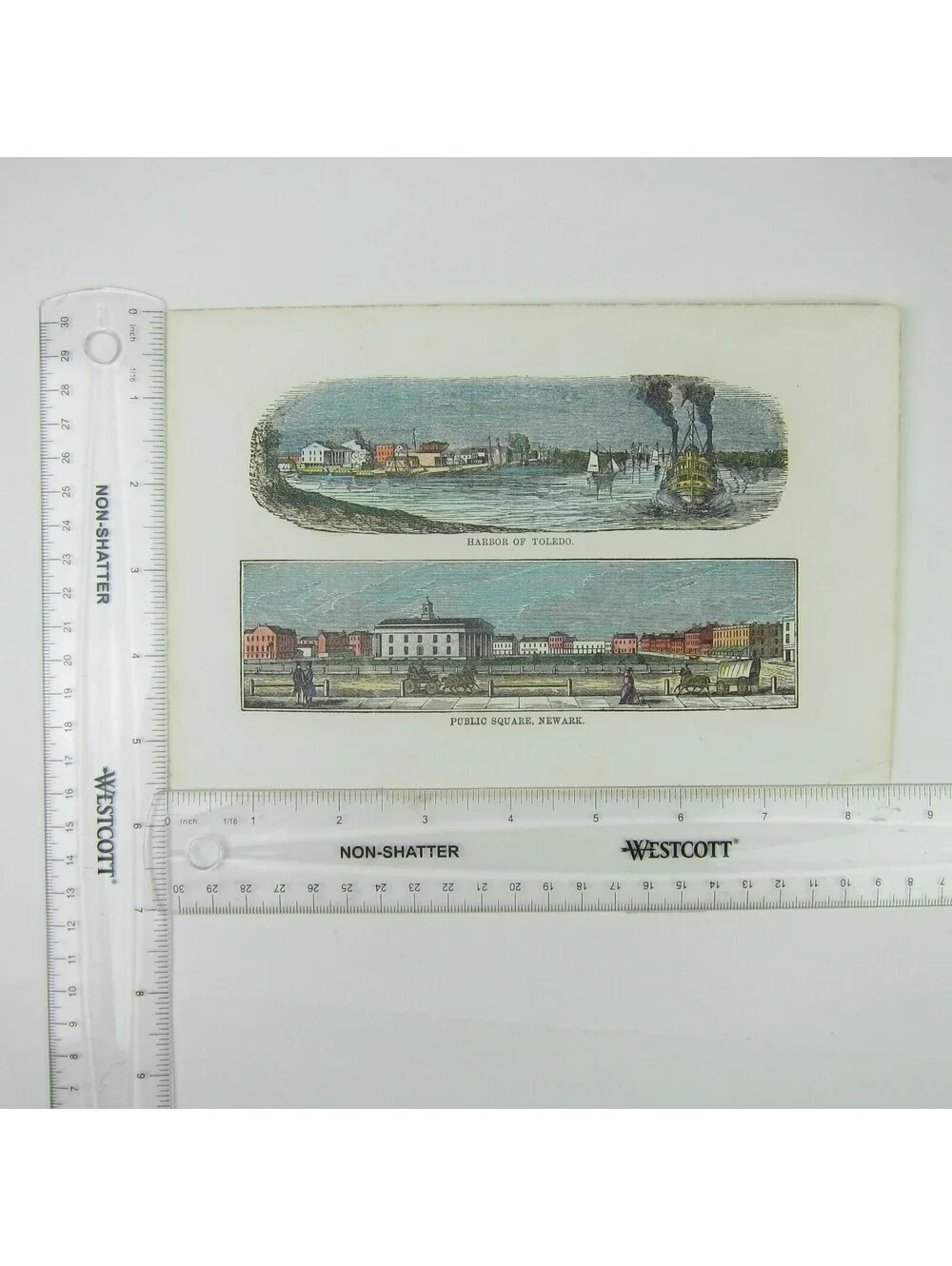 Engraving Print Ohio Toledo Harbor & Newark Square Hand Colored Antique 1847